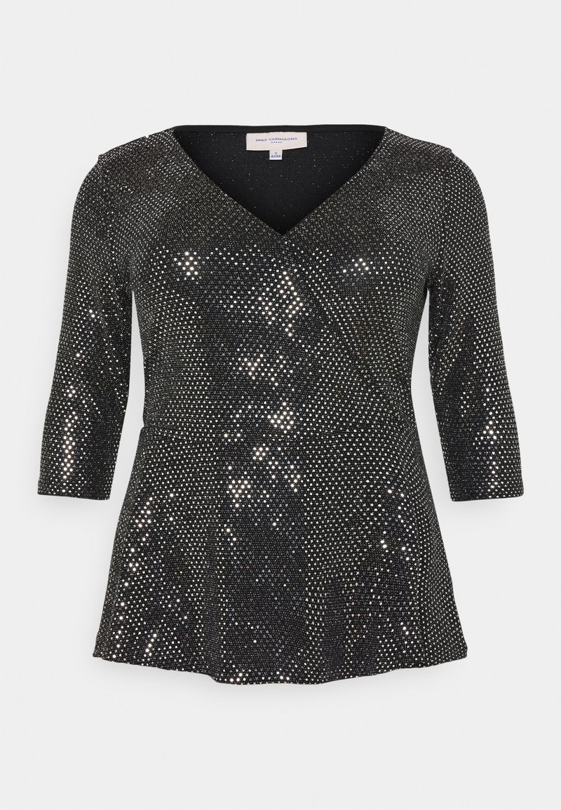 Black top with a V-neck and three-quarter sleeves, featuring a sequined design that adds shine and texture across the fabric.