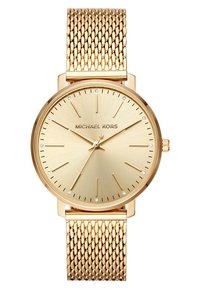 Goldfarbene Armbanduhr mit einem Netzarmband. Runde Ziffernblatt, minimalistisches Design und metallisches Finish. Verfügt über Stundenmarkierungen und vier dezente Edelsteine.