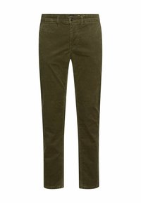 Olijfgroene corduroy broek met een rechte pasvorm, voorzien van voorzakken, een knoopsluiting en een subtiele ribbelstructuur.