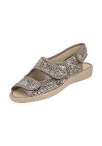 Sandalia con parte superior texturizada en color beige y negro, que cuenta con dos correas ajustables de Velcro. Plantilla acolchada y suela exterior ligera en color beige.