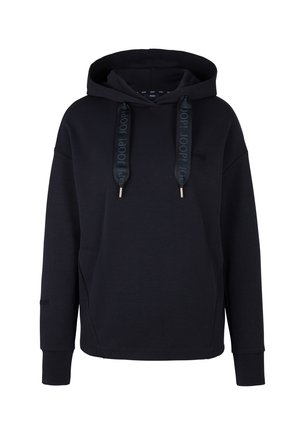 Marineblauwe hoodie met een kangoeroezak, trekkoorden met branding, ribgebreide manchetten en een ontspannen pasvorm. Zachte, gestructureerde stof.