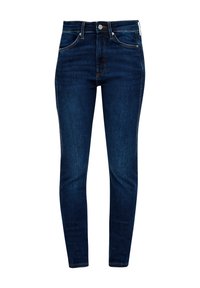 Jeans skinny azul oscuro de mezclilla, con una cintura alta, diseño clásico de cinco bolsillos, costuras sutiles y una textura suave.