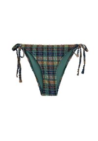 Bas de bikini texturé à carreaux dans des tons verts, bleus et bruns avec des liens latéraux réglables sur fond blanc.