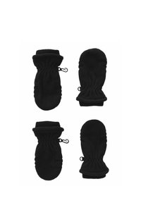 Schwarze Fleece-Handschuhe haben eine weiche Textur, elastische Bündchen und Clips zur Befestigung. Das Design umfasst geraffte Details für eine enge Passform.