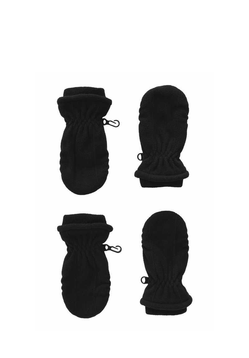 Schwarze Fleece-Handschuhe haben eine weiche Textur, elastische Bündchen und Clips zur Befestigung. Das Design umfasst geraffte Details für eine enge Passform.
