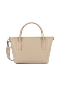 Borsa a tracolla in pelle beige con superficie testurizzata, dotata di due manici tondi e di una tracolla in tessuto removibile con ganci in metallo.