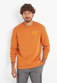 Orange sweatshirt with ribbed crew neck and cuffs, featuring a small printed text in yellow on the left chest. Soft fabric, casual fit.