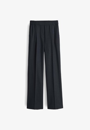 Weit geschnittene Hosen in Dunkelgrau, aus einem weichen Stoff gefertigt, mit einem elastischen Bund und faltigem Design für Komfort und Bequemlichkeit.