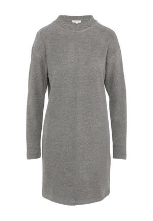 Pelēks adīts kleita ar garām piedurknēm, apaļu ribotu kakla izgriezumu un taisnu siluetu. Izgatavota no mīksta, teksturēta auduma.