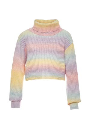 Maglione a collo alto all'uncinetto con un fit corto, caratterizzato da una texture a costine e una gradazione di colori pastello che include giallo, rosa e lavanda.