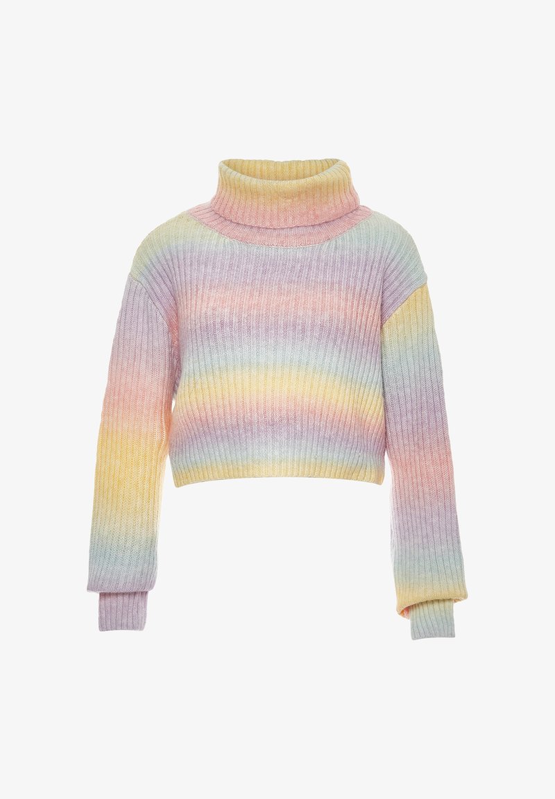 Gehaakte coltrui met een cropped fit, gekenmerkt door een geribbelde textuur en een gradient van pastelkleuren, waaronder geel, roze en lavendel.
