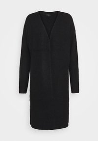Black long cardigan made of textured knit fabric, featuring a V-neck, ribbed sleeves, and two front pockets without fastenings.