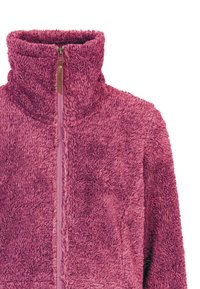 Mekani, pahuljasti ljubičasti flis s jakim ovratnikom i prednjim zatvaračem, sa kožnim držačem za zatvarač.