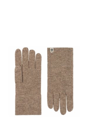 Brown knitted gloves with five fingers, featuring a ribbed design and a small logo tag on the cuff. Soft texture and uniform color.