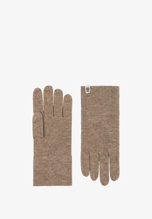 Brown knitted gloves with five fingers, featuring a ribbed design and a small logo tag on the cuff. Soft texture and uniform color.