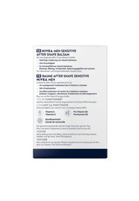 NIVEA Men Sensitive After Shave Balsam packaging, featuring a rectangular box with blue and white text detailing ingredients and benefits.