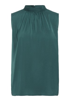 Bešvarkis tamsiai žalias, su aukštu kaklu ir surinktais detalėmis. Pagamintas iš lygaus audinio, su laisva prigludimo forma ir tiesia apdaila.