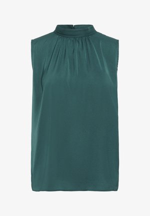 Bešvarkis tamsiai žalias, su aukštu kaklu ir surinktais detalėmis. Pagamintas iš lygaus audinio, su laisva prigludimo forma ir tiesia apdaila.