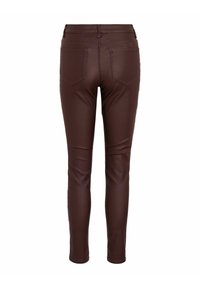 Pantalon slim marron taille haute avec poches arrière, vu de dos sur fond blanc.