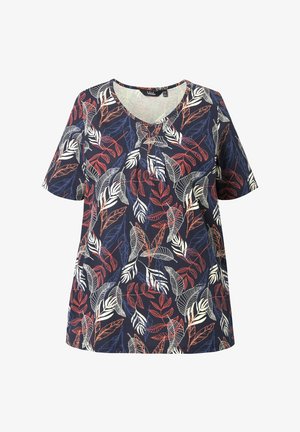 Ulla Popken, T-SHIRT, BLÄTTER, BIESEN, A-LINIE, V-AUSSCHNITT, HALBARM - Camiseta estampada - marine
