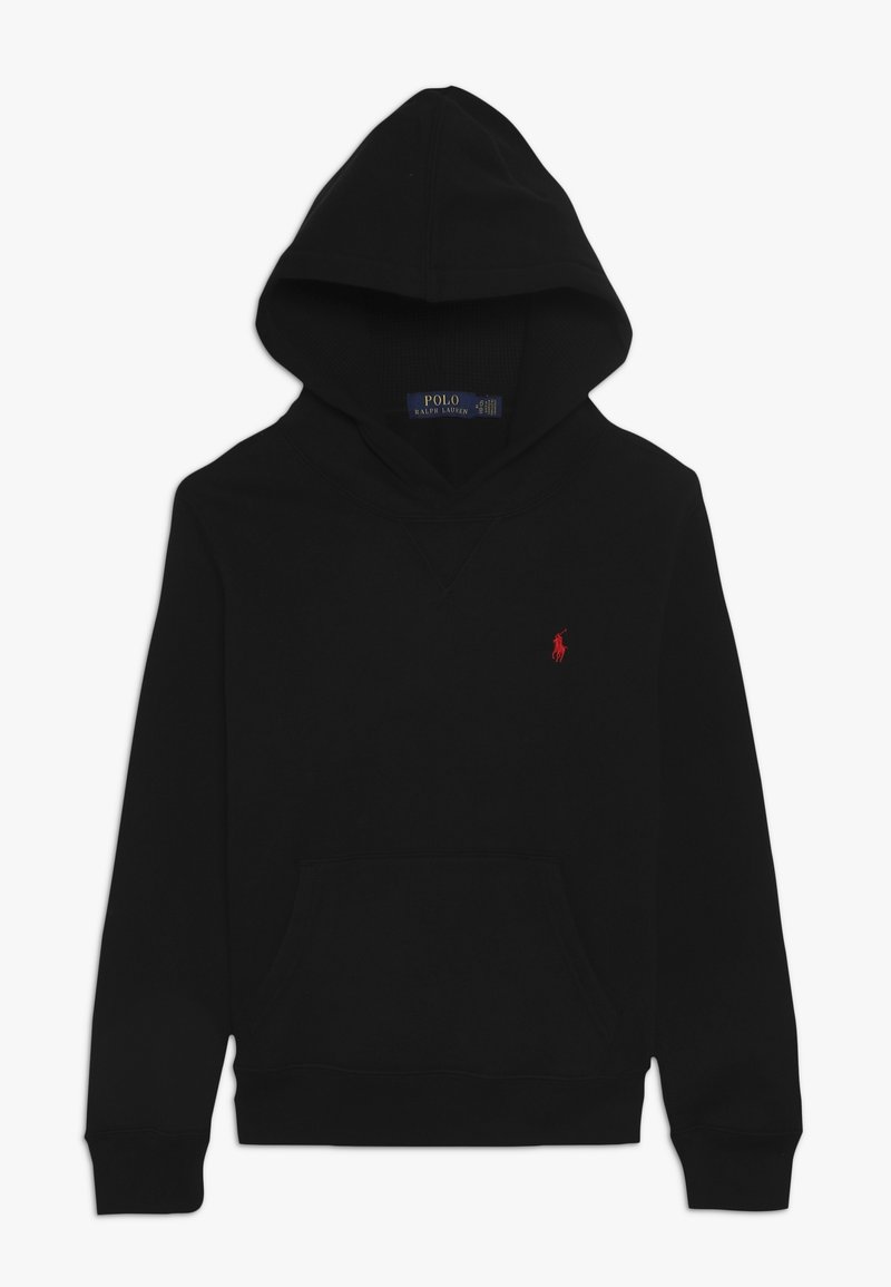 Hoodie noir Polo Ralph Lauren avec poche frontale, manches longues, capuche et logo brodé rouge sur la poitrine gauche.