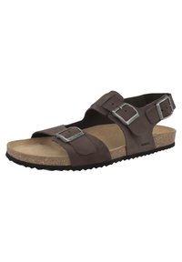 Sandal in pelle marrone con due cinturini regolabili, fibbie argentate e soletta in sughero. Suola in gomma nera testurizzata per una migliore aderenza.