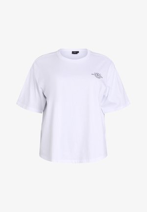 Witte T-shirt met korte mouwen van katoen, met een ronde halslijn en een kleine zwarte grafiek op de linkerborst. Rechte zoom.