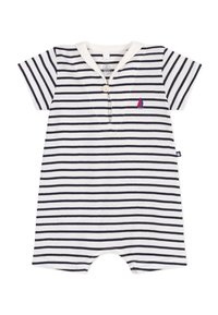 Gestreepte short-sleeve romper in wit en marineblauw, met een knopenpaneel en een klein geborduurd zeilbootdetail. Zacht katoenen materiaal.