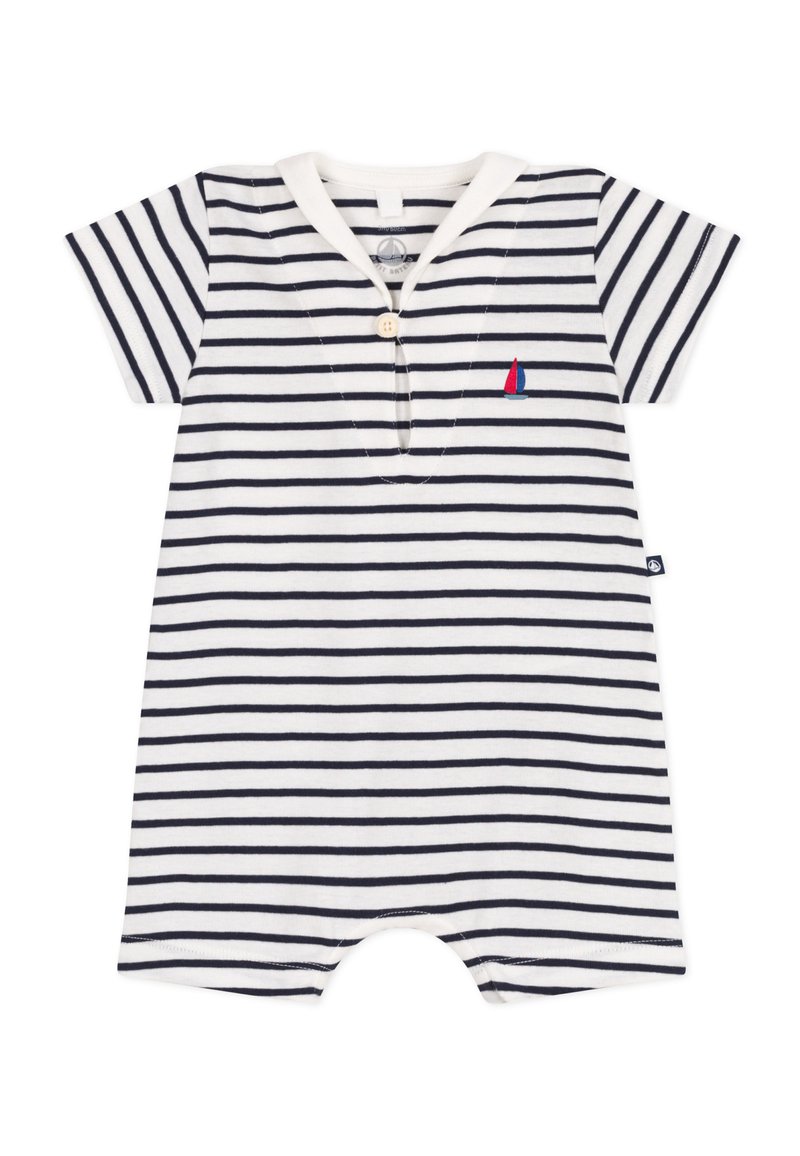 Gestreepte short-sleeve romper in wit en marineblauw, met een knopenpaneel en een klein geborduurd zeilbootdetail. Zacht katoenen materiaal.