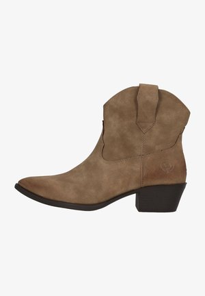 Stivali da cowboy in suede marrone. Hanno una punta appuntita, un tacco basso e linguette laterali. Logo del marchio sottile sul lato esterno.