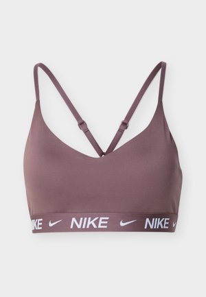 Mauve Nike sports bra with thin adjustable straps and branded elastic band featuring white Nike logos and swooshes.