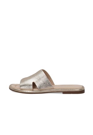 Metallic guld slide sandal med en tekstureret overdel, åben tå-design og minimalistisk flad sål. Glat indersål for komfort.