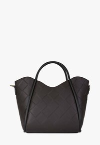 Borsa a tracolla in pelle nera con design intrecciato, bordo superiore smerlato, doppio manico e texture liscia con una sottile lucentezza.