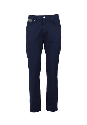 Marineblaue, gerade geschnittene Hose mit vorderen Taschen, Gürtelschlaufen und Knopfverschluss.