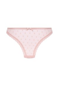 Roze string met kant, gemaakt van doorschijnende stof met kleine hartpatronen en een centrale strikaccent op de voorkant van de tailleband.
