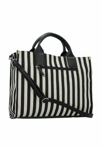 Borsa tote a strisce con tessuto bianco e nero, manici in pelle, una tracolla regolabile e una tasca frontale con zip.