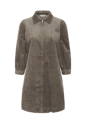 Bruine corduroy jurk met lange pofmouwen, kraag en een ritsluiting aan de voorkant, knie-lengte met een relaxte pasvorm.