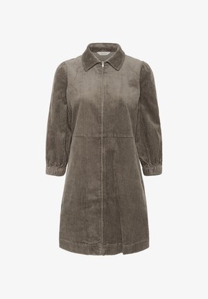 Rudas korduroy suknelė su ilgomis pūkuotomis rankovėmis, apykakle ir priekiu užtrauktuku, iki kelių ilgio ir laisva siluetu.