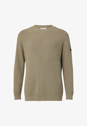 Knit sweater in olive green, featuring a round neckline, long sleeves, ribbed texture, and a woven label on the left sleeve.