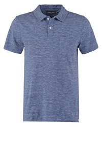 Pánská polo košile z melírované modré tkaniny, s klasickým límečkem, tříknoflíkovou légu a kapsou na prsou. Měkká textura.