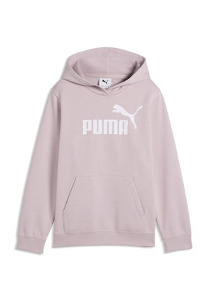 Lyserød hættetrøje med forlomme og hvid Puma-logo samt tekst på brystet.