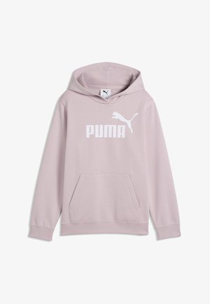 Jasnoróżowa bluza z kapturem z kieszenią z przodu oraz białym logo i napisem Puma na piersi.