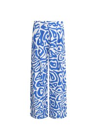 Hose im weit geschnittenen Stil mit einem auffälligen blauen und weißen abstrakten Muster. Hergestellt aus einem leichtgewichtigen Stoff mit glatter Textur und einem Knopfverschluss.