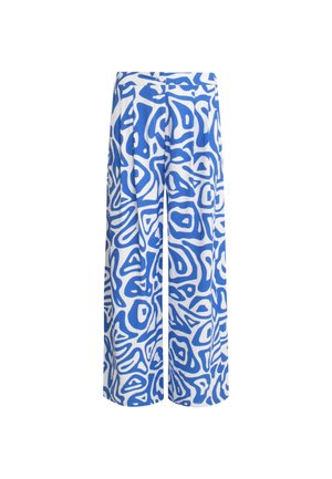 Wijdvallende broek met een gedurfd blauw en wit abstract patroon. Gemaakt van een lichte stof met een gladde textuur en een knoopsluiting.