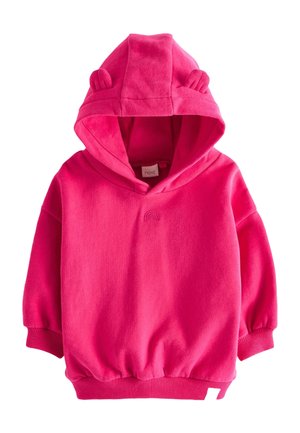 Sweat à capuche rose vif avec de petites oreilles d'ours sur la capuche et une broderie arc-en-ciel subtile sur la poitrine, poignets et bord-côtes côtelés.