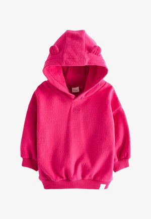 Sweat à capuche rose vif avec de petites oreilles d'ours sur la capuche et une broderie arc-en-ciel subtile sur la poitrine, poignets et bord-côtes côtelés.