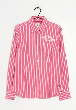 Pink and white striped long-sleeve shirt with a button front, collar, chest pocket, and logo on the upper left. Cotton material.