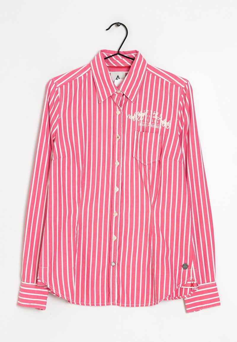 Rosa und weiße gestreifte Langarmbluse mit Knopfleiste, Kragen, Brusttasche und Logo auf der oberen linken Seite. Baumwollmaterial.
