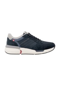 Navy suede and mesh athletic shoe with gray accents, lace-up design, white sole, and red detail on the heel. Side view displays stitching.