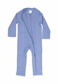 Blå långärmad overall i lätt, texturerad tyg med dragkedja fram och kontrasterande sömnadsdetaljer.